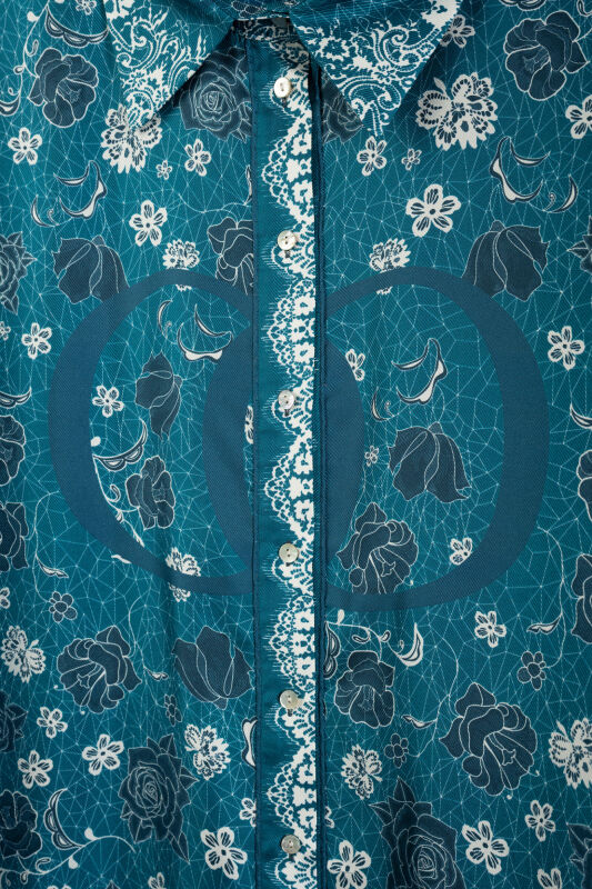 Rose Lace Petrol-Turquoise Twill Silk Shirt - 2
