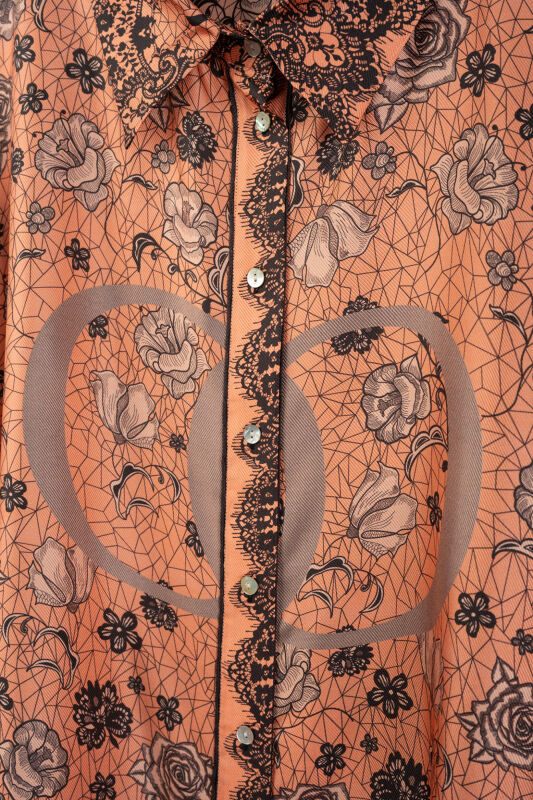 Rose Lace Powder-Light Orange Twill Silk Shirt - 2