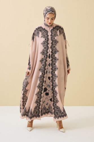 Rose Lace Powder Silk Abaya 