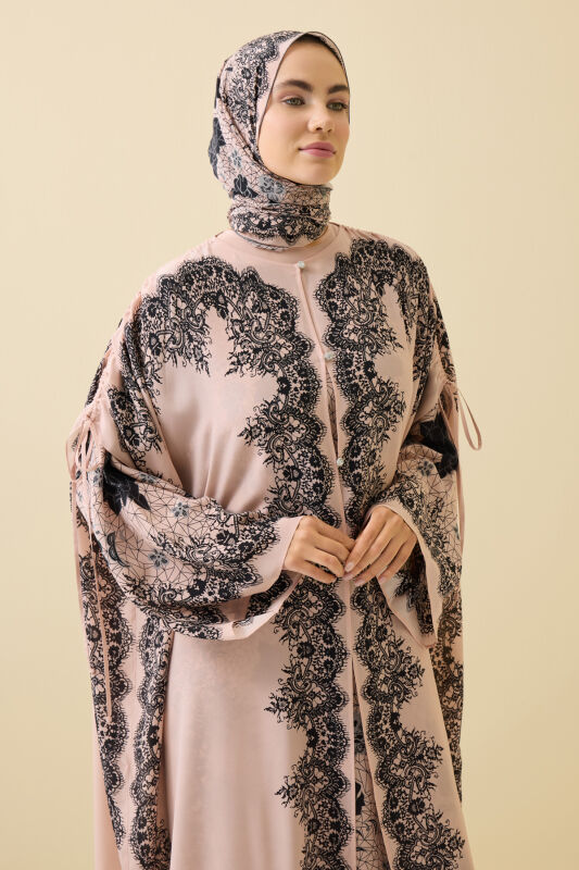 Rose Lace Powder Silk Abaya - 5