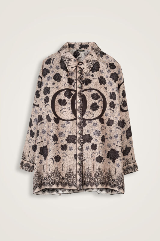 Rose Lace Powder-White Twill Silk Shirt - 1