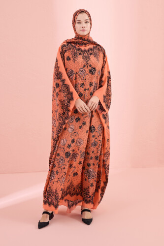 Rose Lace Salmon Crepe Silk Kaftan 