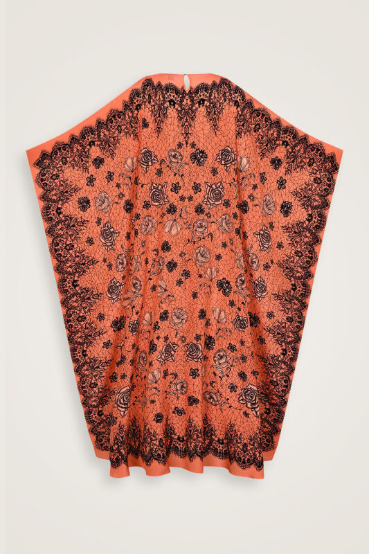 Rose Lace Salmon Crepe Silk Kaftan - 4