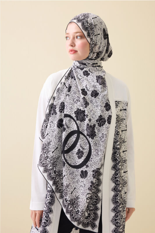 Rose Lace White Crepe Silk Kaftan Shawl - 1