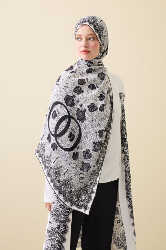 Rose Lace White Crepe Silk Kaftan Shawl - 5