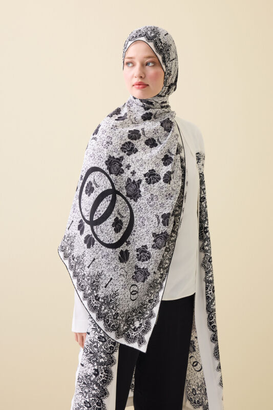 Rose Lace White Crepe Silk Kaftan Shawl - 5