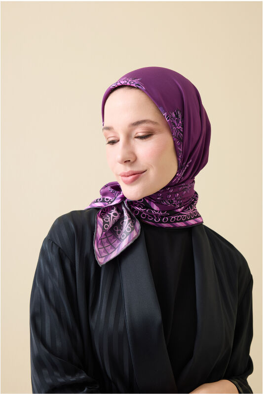Şakayık Mor Tivil İpek Eşarp 90x90 - 5
