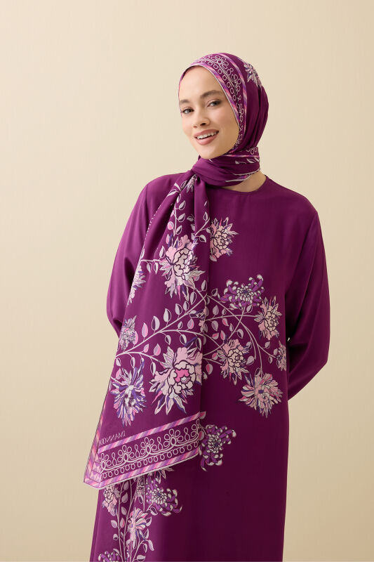 Şakayık Mürdüm Krep İpek Abaya Şalı 70x210 - 1