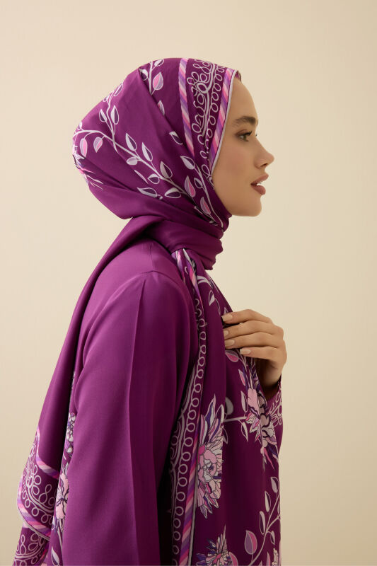 Şakayık Mürdüm Krep İpek Abaya Şalı 70x210 - 5