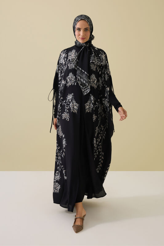 Şakayık Siyah-Gri İpek Abaya - 1