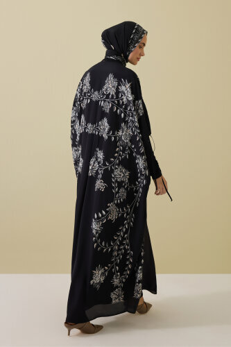 Şakayık Siyah-Gri İpek Abaya - 5