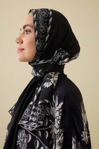 Şakayık Siyah-Gri Krep İpek Abaya Şalı 70x210 - 5