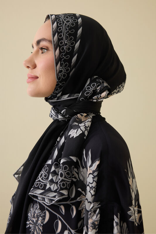 Şakayık Siyah-Gri Krep İpek Abaya Şalı 70x210 - 5