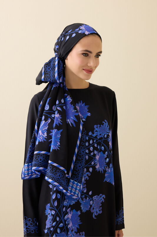 Şakayık Siyah-Saks Krep İpek Abaya Şalı 70x210 - 5
