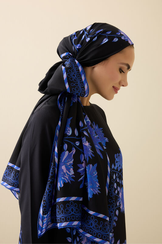 Şakayık Siyah-Saks Krep İpek Abaya Şalı 70x210 - 1