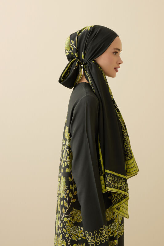Şakayık Yeşil Krep İpek Abaya Şalı 70x210 - 3