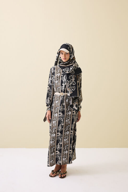 Salıncak Manşet Detaylı Kahve-Siyah Patlı Tivil İpek Elbise - 1