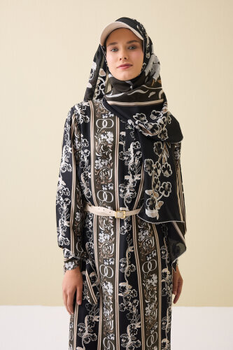 Salıncak Manşet Detaylı Kahve-Siyah Patlı Tivil İpek Elbise - Imannoor (3)