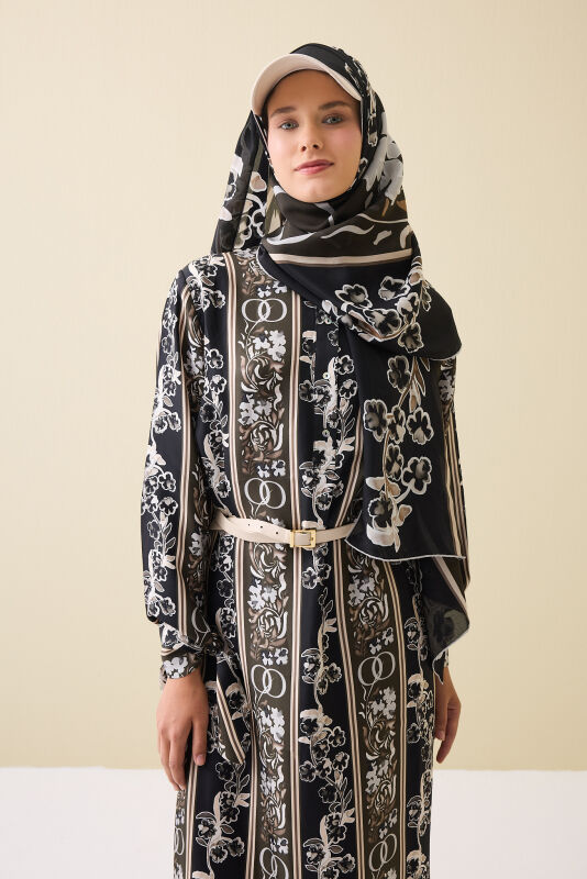 Salıncak Manşet Detaylı Kahve-Siyah Patlı Tivil İpek Elbise - 3