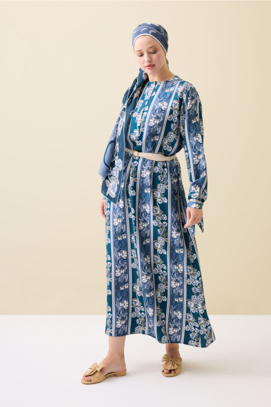 Salıncak Manşet Detaylı Lacivert Patlı Tivil İpek Elbise - 3