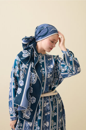 Salıncak Manşet Detaylı Lacivert Patlı Tivil İpek Elbise - 5