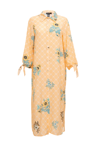 Salmon Silk Shirt Dress with Fringed Sleeve Detail - 2