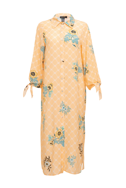 Salmon Silk Shirt Dress with Fringed Sleeve Detail - 2