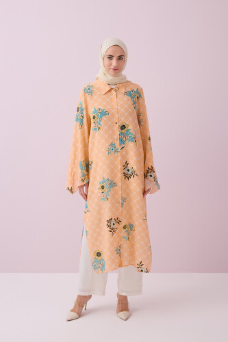 Salmon Silk Shirt Dress with Fringed Sleeve Detail - 1