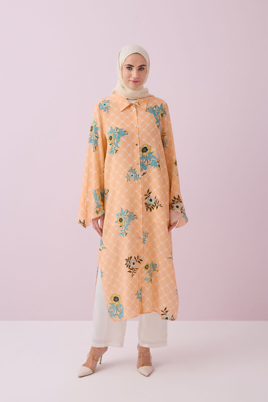 Salmon Silk Shirt Dress with Fringed Sleeve Detail - 1