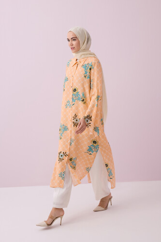 Salmon Silk Shirt Dress with Fringed Sleeve Detail - 5