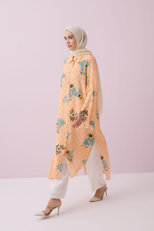 Salmon Silk Shirt Dress with Fringed Sleeve Detail - 5