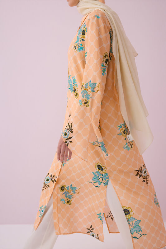 Salmon Silk Shirt Dress with Fringed Sleeve Detail - 3