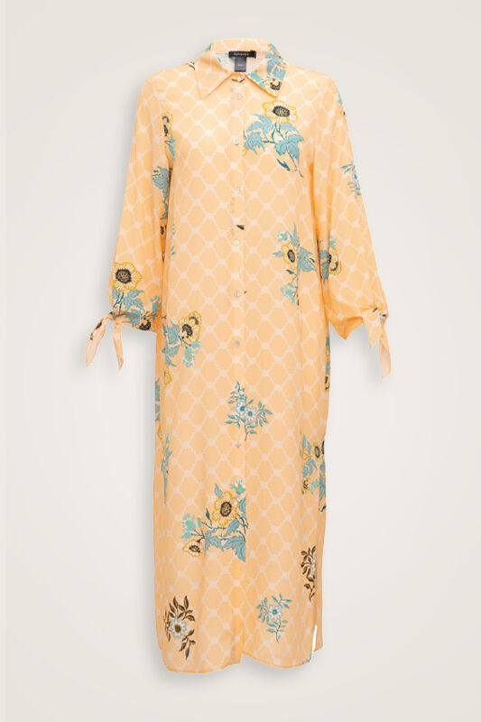 Salmon Silk Shirt Dress with Fringed Sleeve Detail - 2