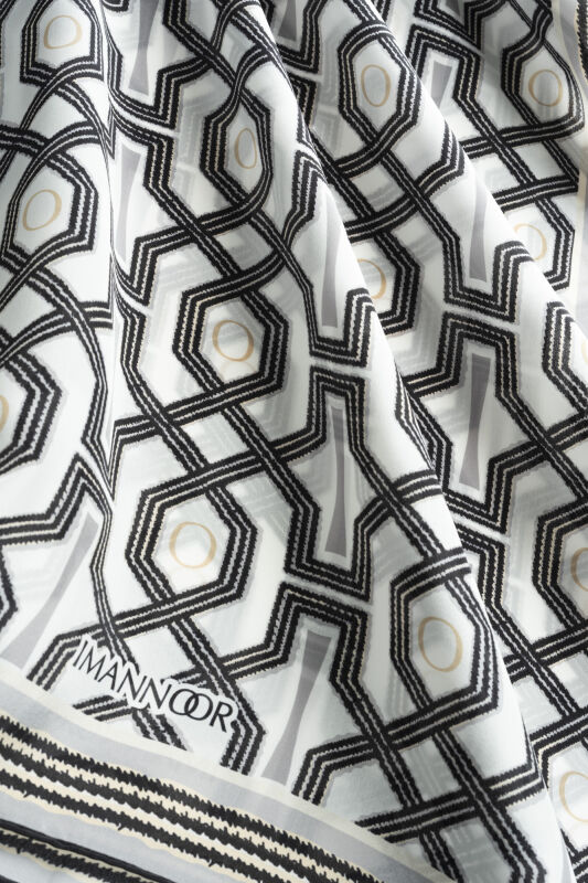 Selçuk-i Kafes Black and White Chiffon Silk Scarf 70x210 - 4