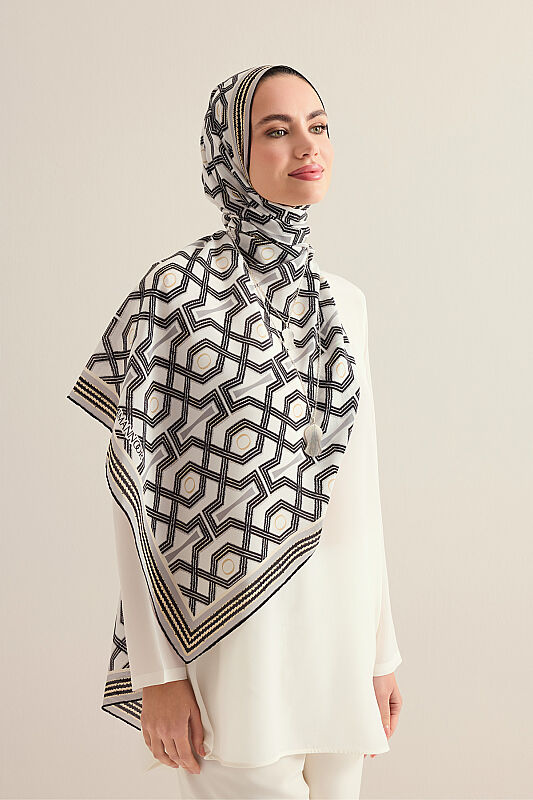 Selçuk-i Kafes Black and White Chiffon Silk Scarf 70x210 - 3