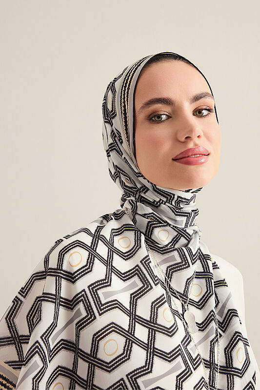 Selçuk-i Kafes Black and White Chiffon Silk Scarf 70x210 - 5