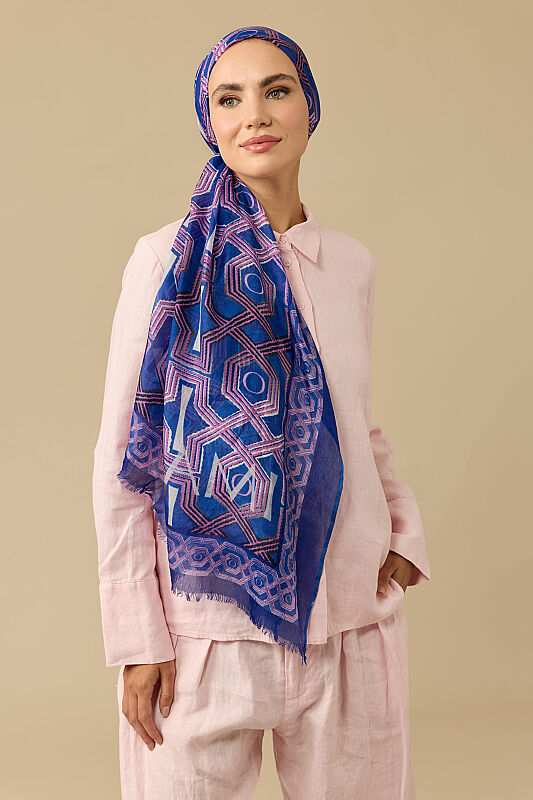 Selçuk-i Kafes Fuşya-Saks İpek Vual Şal 70x200 - 5