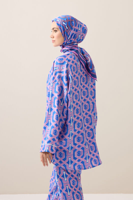 Selçuk-i Kafes Fuşya-Saks Tivil İpek Kısa Kimono - 5