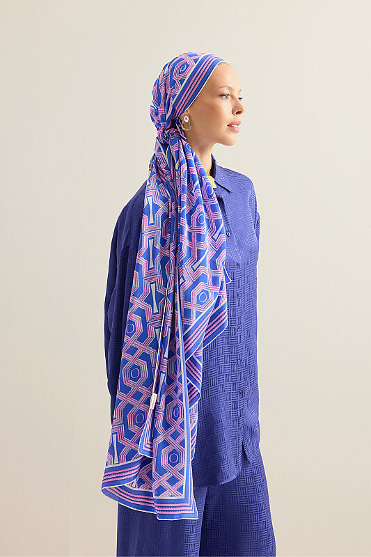 Selçuk-i Kafes Fuşya-Saks Şifon İpek Şal 70x210 - 3