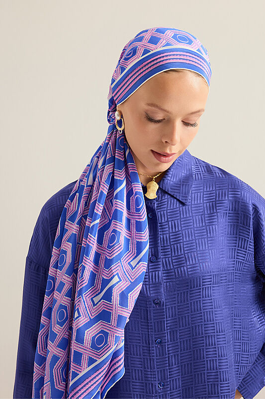 Selçuk-i Kafes Fuşya-Saks Şifon İpek Şal 70x210 - 6