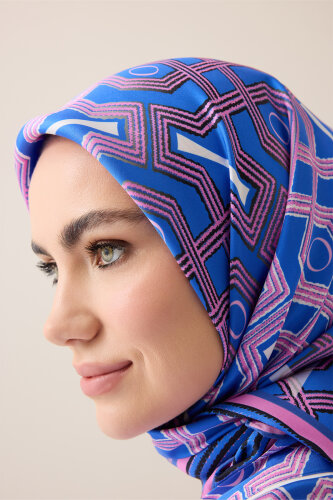 Selçuk-i Kafes Fuşya-Saks Tivil İpek Eşarp 90x90 - Imannoor (3)
