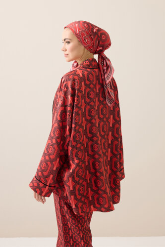 Selçuk-i Kafes Kırmızı Tivil İpek Kısa Kimono - 5