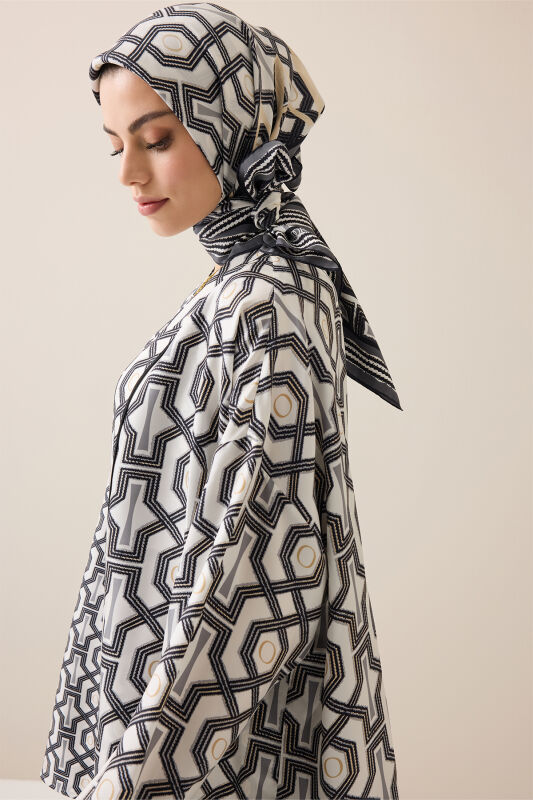 Selçuk-i Kafes Siyah-Beyaz Tivil İpek Kısa Kimono - 4