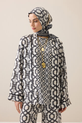 Selçuk-i Kafes Siyah-Beyaz Tivil İpek Eşarp 90x90 - 5