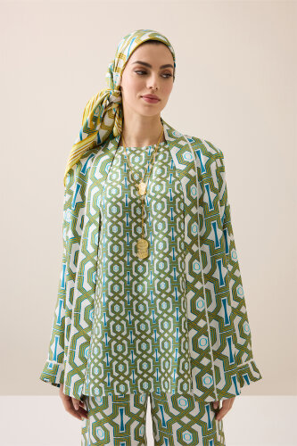 Selçuk-i Kafes Turkuaz-Sarı Tivil İpek Kısa Kimono - 7