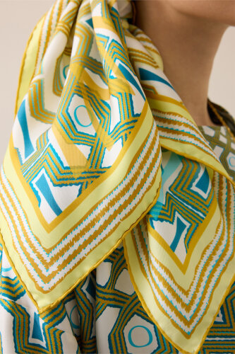 Selçuk-i Kafes Turkuaz-Sarı Tivil İpek Eşarp 90x90 - Imannoor (3)