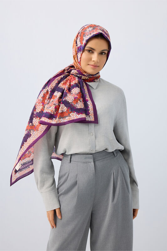 Selcuk Sun Orange-Purple Cotton Shawl - 3