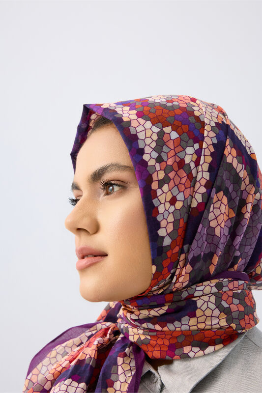 Selcuk Sun Orange-Purple Cotton Shawl - 5