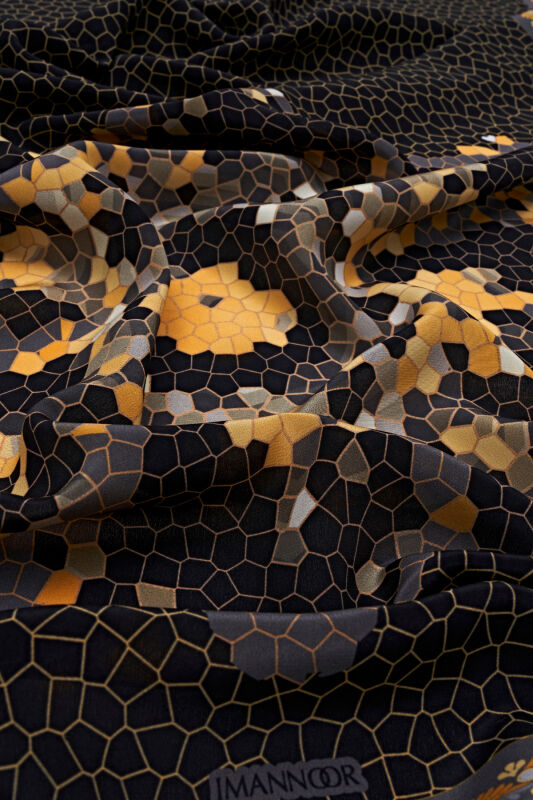 Selçuklu Mozaik Siyah Krep İpek Şal 70x210 - 2