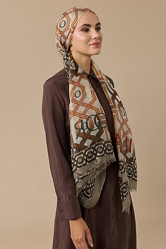 Seljuk-i Cage Beige-Orange Silk Voile Shawl 70x200 - Imannoor